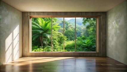 Fototapeta premium Serene empty room with expansive jungle view from large window