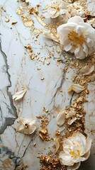 top view of a marble table with intricate gold leaf designs, accompanied by scattered flower petals and gilded accents, vertical
