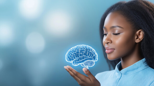 Female physician analyzing holographic human brain projection hovering near palm, advanced medical technology background blending blue tones - Powered by Adobe