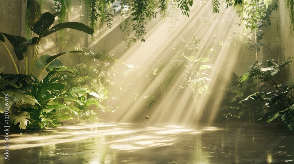 Aufkleber serene forest glade illuminated by soft rays of sunlight through green foliage during a tranquil mor