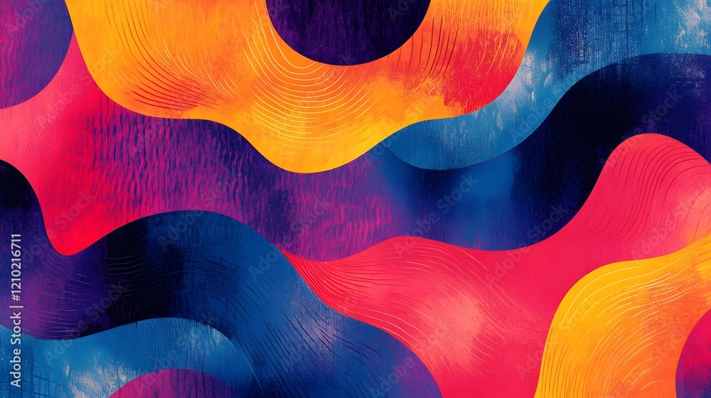Poster vibrant gradient patterns and smooth forms composing a dynamic playful and textural design featuring