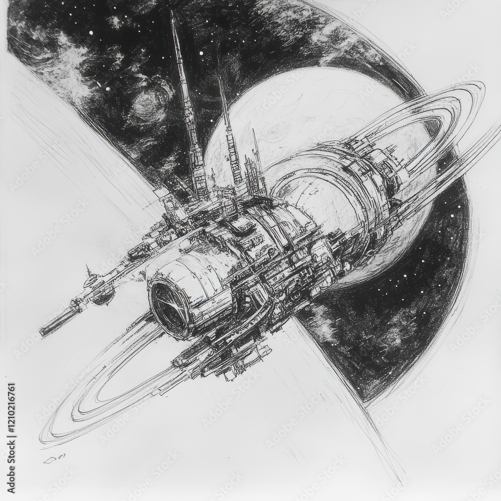 Poster satellite in stable orbit around a massive gas giant with distinctive rings and swirling clouds