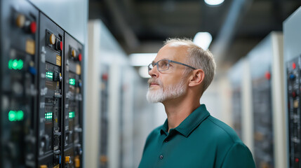Professional technician checking air circulation in server room, maintaining critical cooling systems for high-performance computing infrastructure