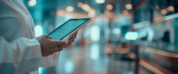 A person is holding a tablet in a hospital setting