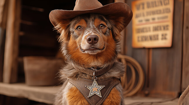Portrait of a dog in a cowboy hat with a star on his neck