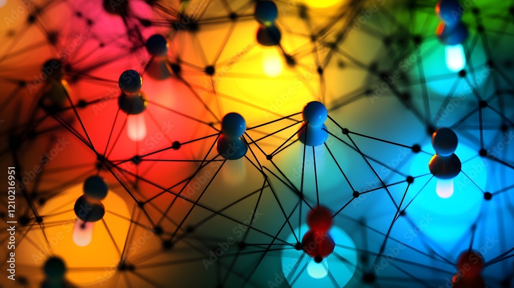 Aufkleber Abstract Colorful Network Connections with Dots and Lines Representing Digital Communication, Technology, and Data Visualization in a Vibrant Spectrum of Colors