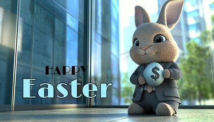 3D Bunny Business Suit Modern Office Building Silver Happy Easter Egg Dollar Sign Text Concept 