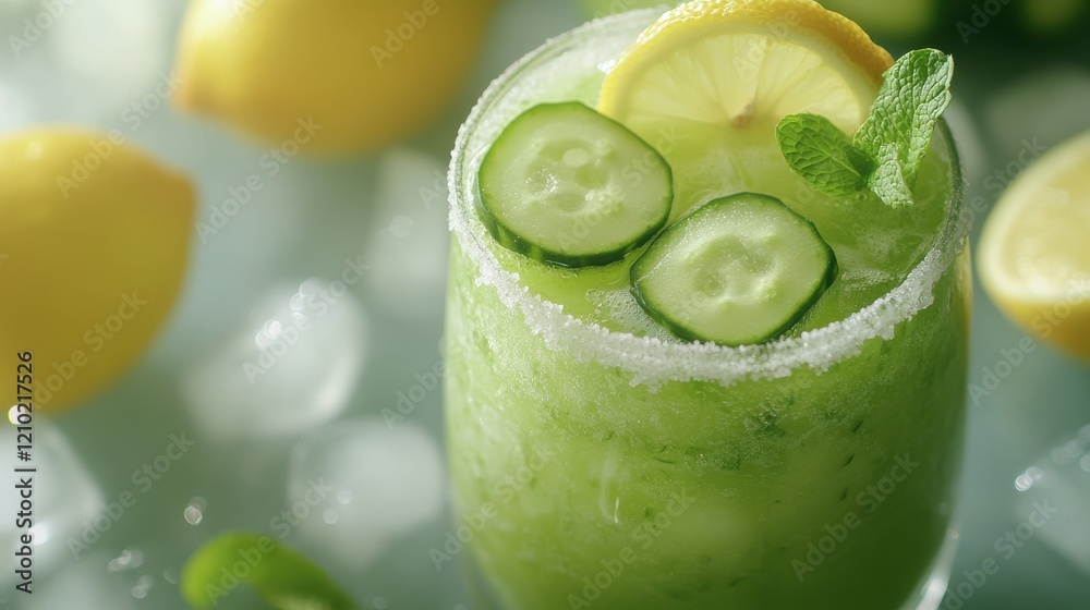 Poster Refreshing cucumber and mint cooler served in a glass with lemon slices and cucumber garnishes