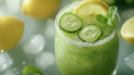 Refreshing cucumber and mint cooler served in a glass with lemon slices and cucumber garnishes