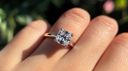Sparkling engagement ring displayed on a hand in natural light