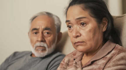 Worried caregiver and her elderly patient sitting together on a sofa, both looking away from the camera with serious expressions