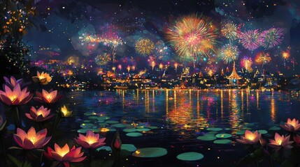 Stunning firework festival over a tranquil lake filled with vibrant lotus flowers at night