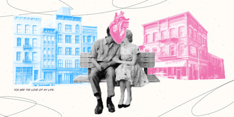 Vintage collage of a kissing couple on a bench. Valentine's Day card. Dadaism design with a romantic vibe.