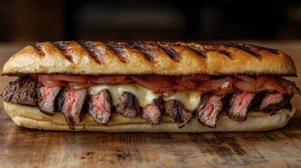 Delicious grilled steak sandwich with melted cheese and caramelized onions on toasted bread