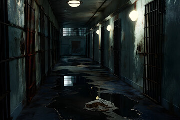 A dark and abandoned prison corridor