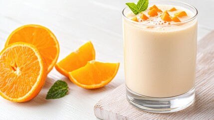 Refreshing orange smoothie on white wood