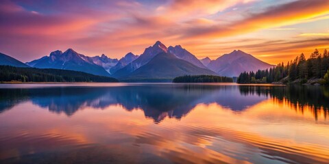 Serene mountain lake reflecting a vibrant sunset sky
