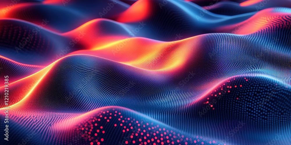 Poster digital rendering of vibrant waves created with glowing particles showcasing fluid motion in abstrac