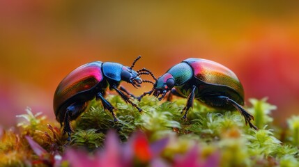 Colorful beetles exploring vibrant moss during a sunny afternoon in a lush forest