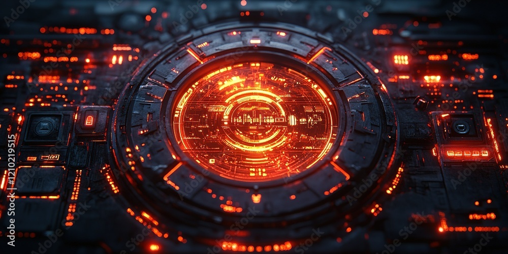 Poster futuristic circular interface with glowing red lights and intricate patterns in a dark setting