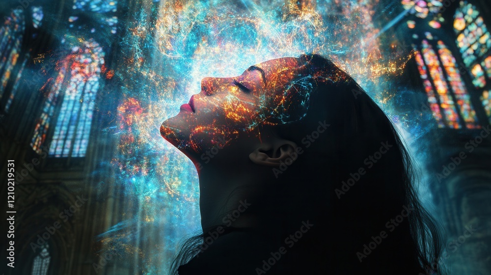 Poster mystical visualization of a woman's profile with cosmic elements in a serene, ethereal setting