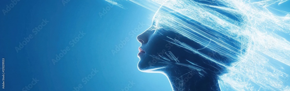 Aufkleber mystical visualization of a woman's face illuminated by ethereal light in a serene blue atmosphere