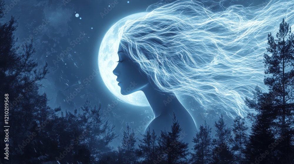 Aufkleber mystical visualization of a woman's profile against a full moon in a forest setting at night
