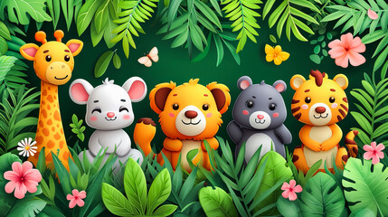 Naklejka premium Cute Cartoon Animals in Nature. Jungle Friends