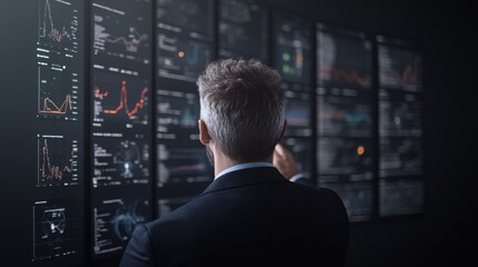 A professional analyzing data on multiple screens, focused on graphs and charts displaying various metrics in a dark environment.