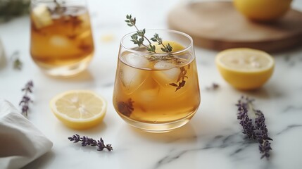 Refreshing iced tea served with lemon and herbs in a bright kitchen setting during summer
