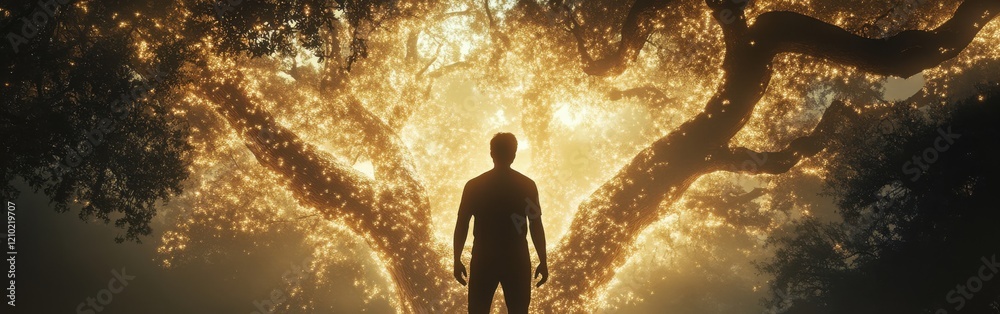 Poster silhouette of a man standing before a glowing mystical tree in an enchanted forest at twilight