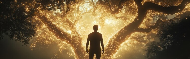 Obraz premium Silhouette of a man standing before a glowing mystical tree in an enchanted forest at twilight