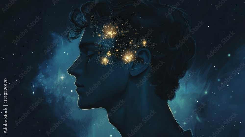 Poster Mystical representation of a man's profile filled with stars and cosmic elements against a dark background