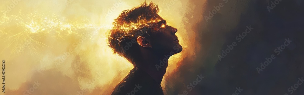 Poster mystical profile of a man illuminated by swirling golden energy in an ethereal landscape at twilight
