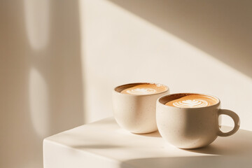 Freshly brewed cappuccino with foam pattern in clay cups