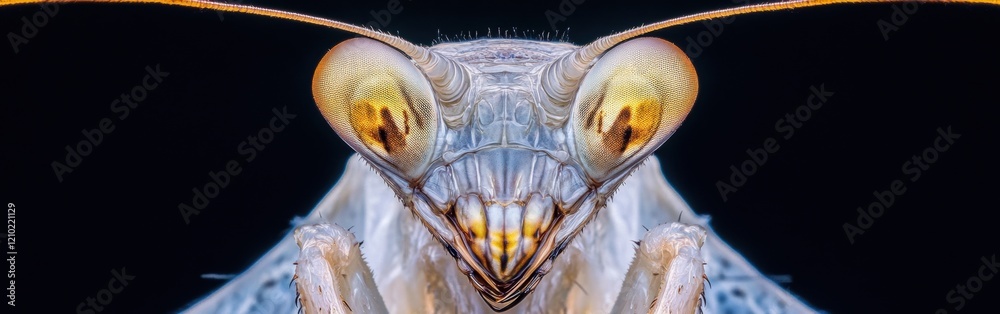Poster Close-up view of a praying mantis face showcasing intricate details and unique features
