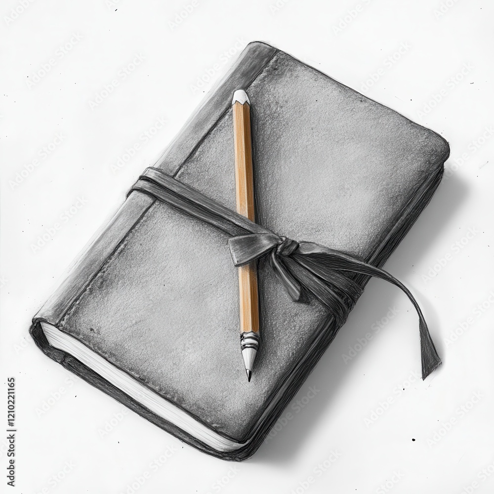 Poster Elegant leather-bound notebook with pencil tucked neatly, perfect for notes or sketches at any time