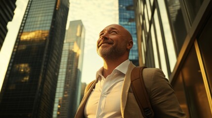Joyful middle-aged man enjoying sunset in urban setting with skyscrapers around him