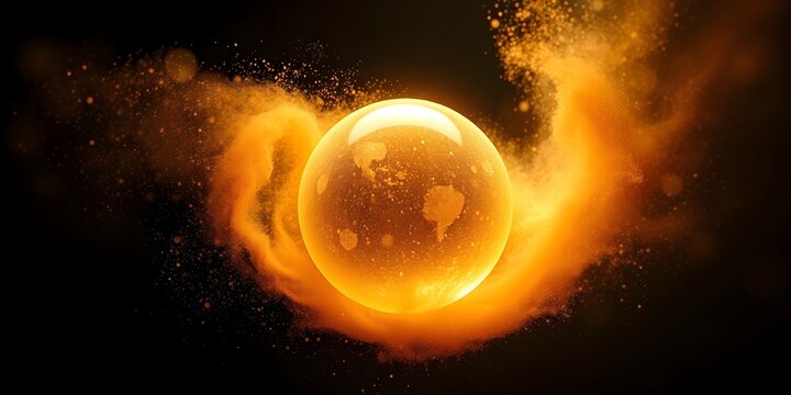 stock photo Glowing golden sphere with dust particles in thick fog on a dark background. 