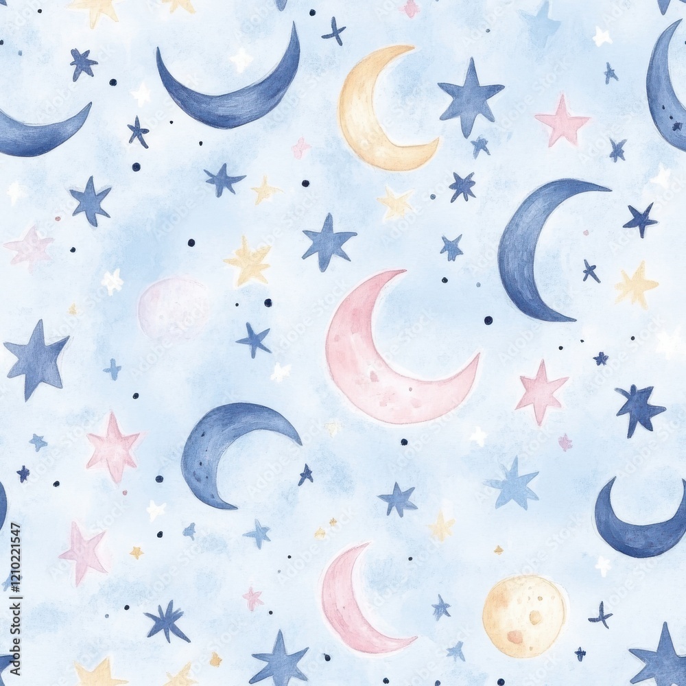 Poster delicate watercolor doodles of moons and stars create a serene sky filled with gentle charm and whim