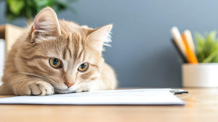 Adorable ginger cat resting on adoption contract, waiting for a loving home at animal shelter