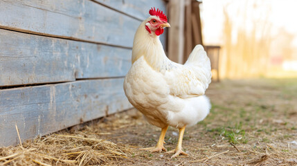 Fototapeta premium Farmyard hen standing near weathered barn, pecking ground under bright sunlight, facing rightward
