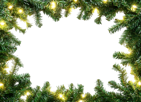 Holiday Frame of Evergreen Branches with Glowing Lights.Green Foliage Border Frame with Clear Center on White Background, copy space. Christmas Pine Border with Warm Fairy Lights