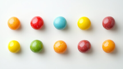 Colorful round candies scattered across white surface, presenting cheerful, sugary arrangement from overhead perspective