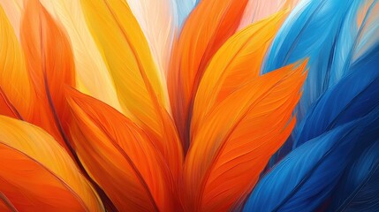 Detailed close-up of orange and blue feathers arranged harmoniously, their vibrant colors glowing under natural light.