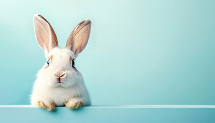 Obraz premium Adorable white rabbit peeking over a light blue surface, perfect for Easter or pet-related projects