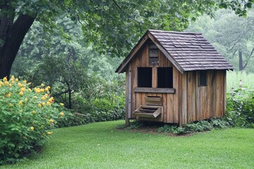 Quaint chicken coop with nesting boxes in a grassy yard.