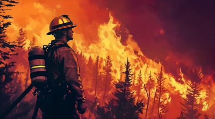 Naklejka premium A firefighter on the background of fire