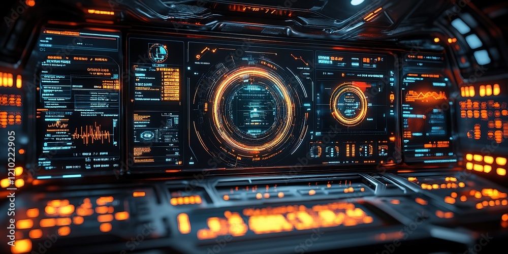 Poster futuristic control panel showing complex data visualization with glowing interfaces in a sci-fi envi