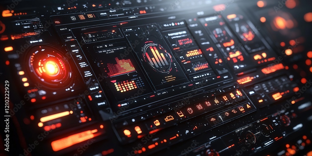 Poster complex control panel displaying vibrant data visuals and interactive elements in a high-tech enviro
